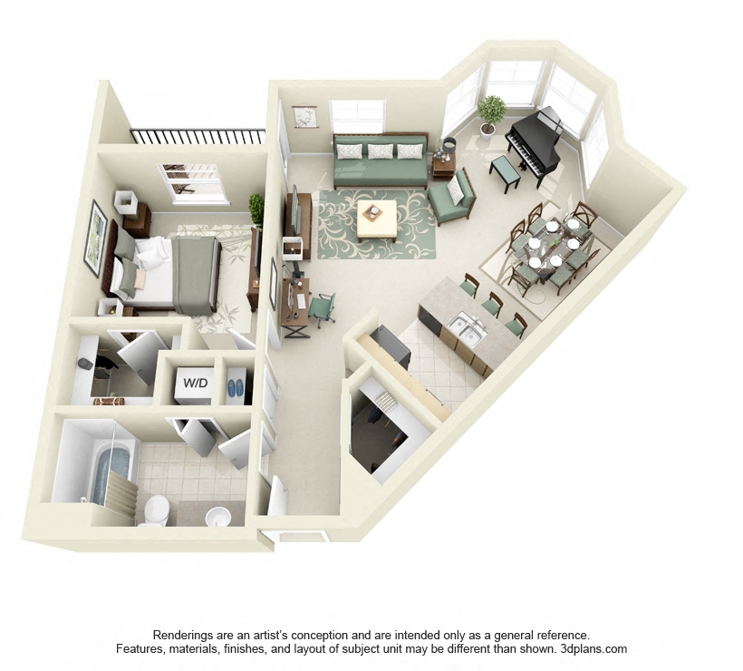Floor plan for 1 bed, 1 bath, 860 sqft
